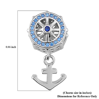 Simulated Blue Diamond Anchor Ship Charm in Rhodium Over Sterling Silver