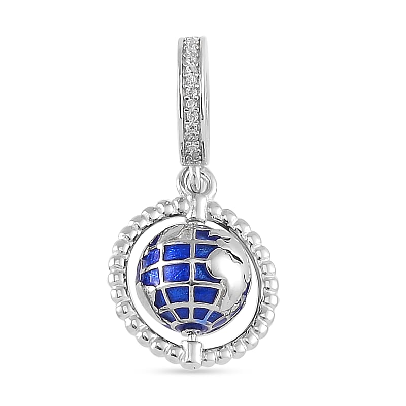 Simulated Diamond The Global World Charm in Rhodium Over Sterling Silver