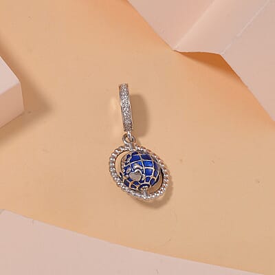 Simulated Diamond The Global World Charm in Rhodium Over Sterling Silver