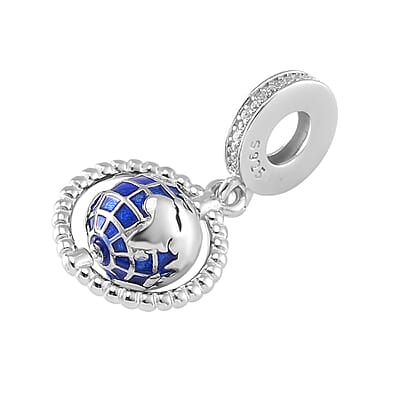 Simulated Diamond The Global World Charm in Rhodium Over Sterling Silver