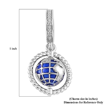 Simulated Diamond The Global World Charm in Rhodium Over Sterling Silver