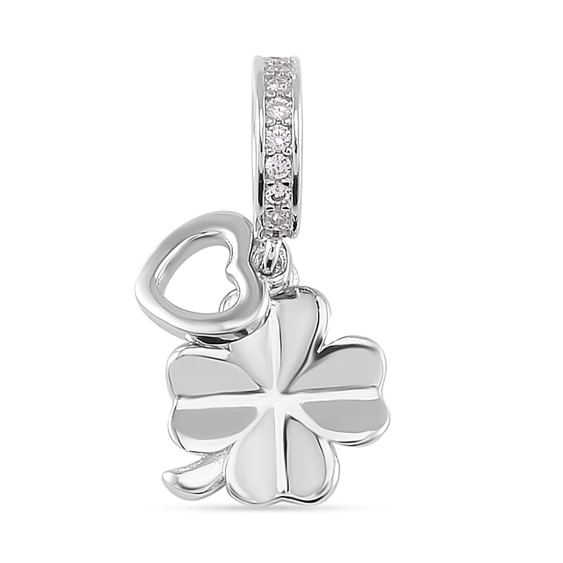 Simulated Diamond Clover Charm in Rhodium Over Sterling Silver