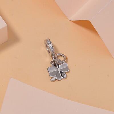 Simulated Diamond Clover Charm in Rhodium Over Sterling Silver