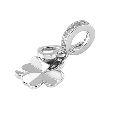 Simulated Diamond Clover Charm in Rhodium Over Sterling Silver