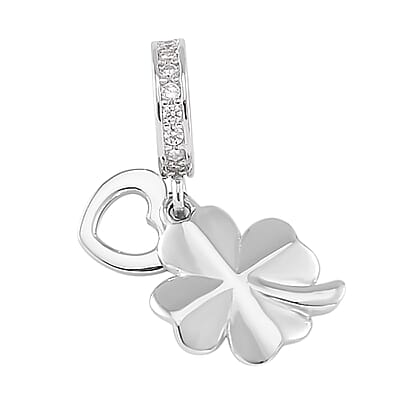 Simulated Diamond Clover Charm in Rhodium Over Sterling Silver