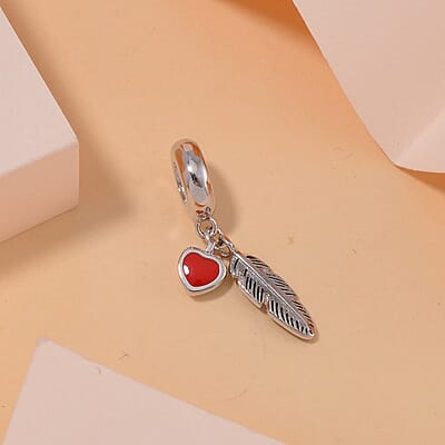 Enameled Heart and Feathers Charm in Rhodium Over Sterling Silver 1.75 Grams