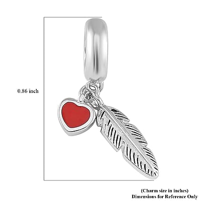 Enameled Heart and Feathers Charm in Rhodium Over Sterling Silver 1.75 Grams