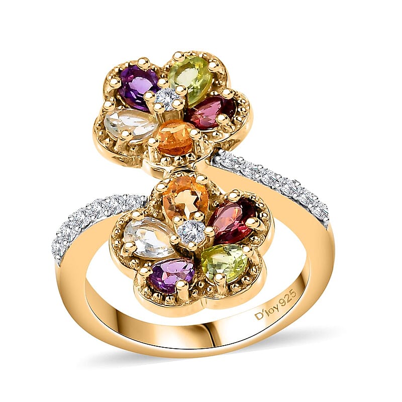 Multi Gemstone 2.00 ctw Bypass Flower Ring in 18K Vermeil Yellow Gold Over Sterling Silver (Size 5.0)