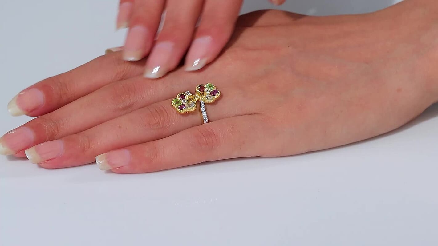 Multi Gemstone Bypass Flower Ring in 18K Vermeil YG Over Sterling Silver (Size 5.0) 2.00 ctw
