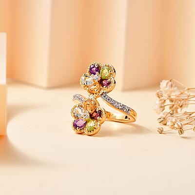 Multi Gemstone 2.00 ctw Bypass Flower Ring in 18K Vermeil Yellow Gold Over Sterling Silver (Size 5.0)