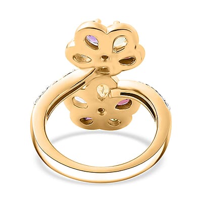 Multi Gemstone 2.00 ctw Bypass Flower Ring in 18K Vermeil Yellow Gold Over Sterling Silver (Size 5.0)