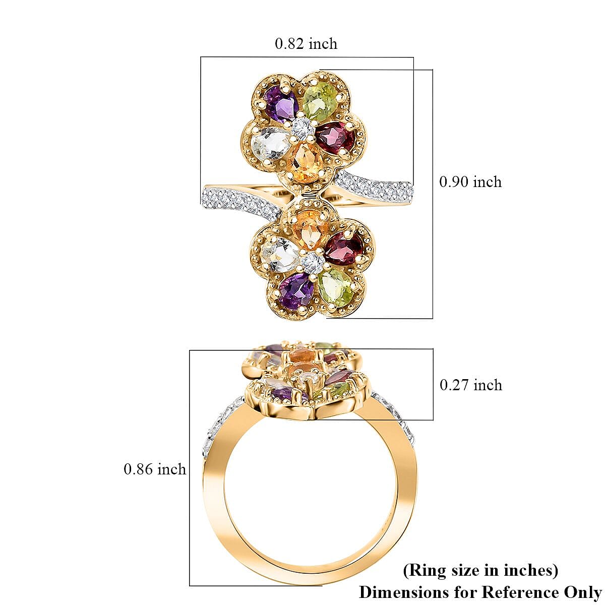 Multi Gemstone 2.00 ctw Bypass Flower Ring in 18K Vermeil Yellow Gold Over Sterling Silver (Size 5.0)
