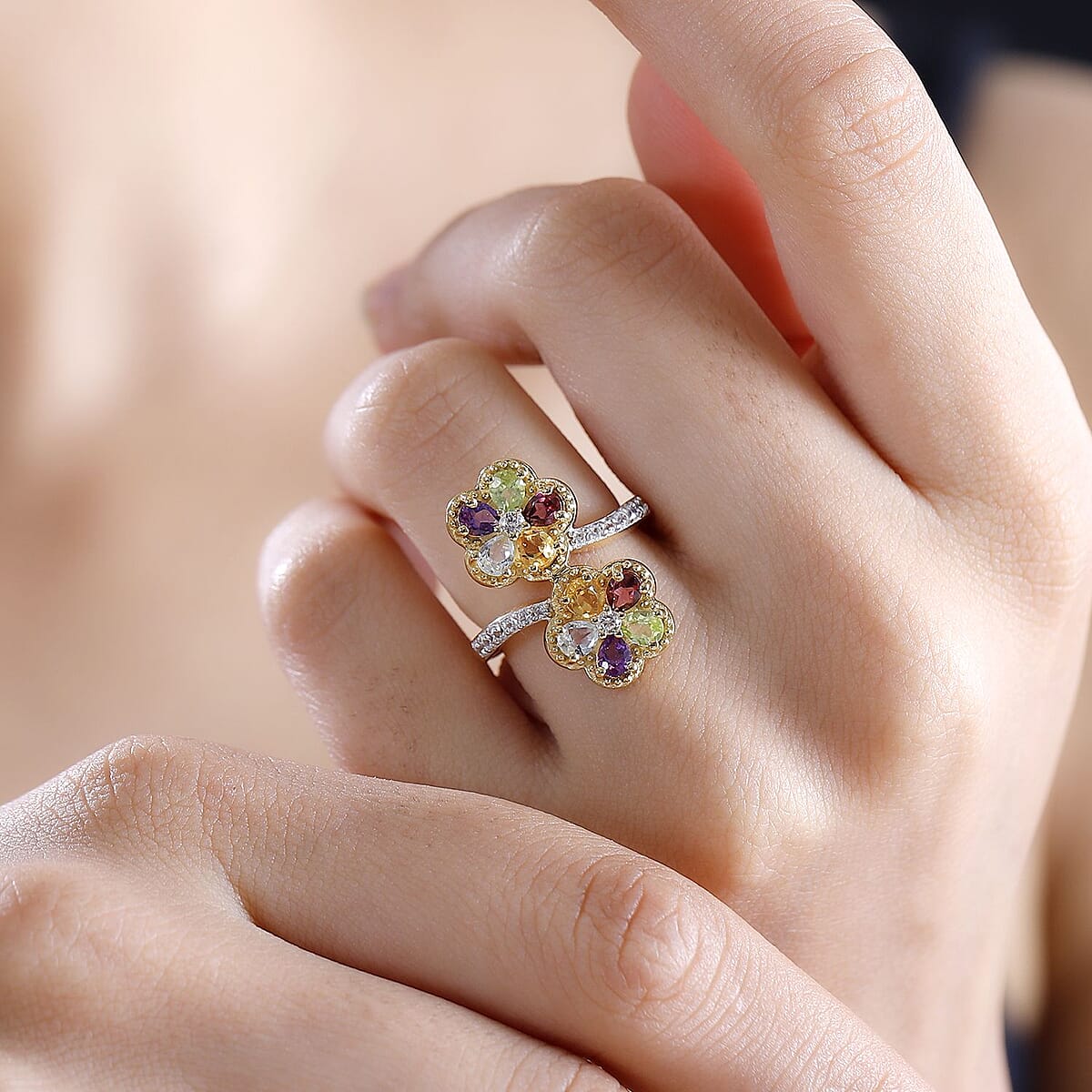 Multi Gemstone 2.00 ctw Bypass Flower Ring in 18K Vermeil Yellow Gold Over Sterling Silver (Size 7.0) image number 2