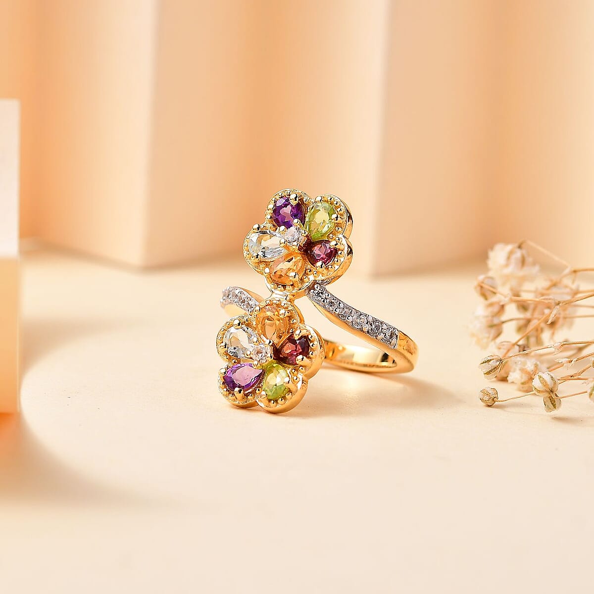 Multi Gemstone 2.00 ctw Bypass Flower Ring in 18K Vermeil Yellow Gold Over Sterling Silver (Size 9.0) image number 1