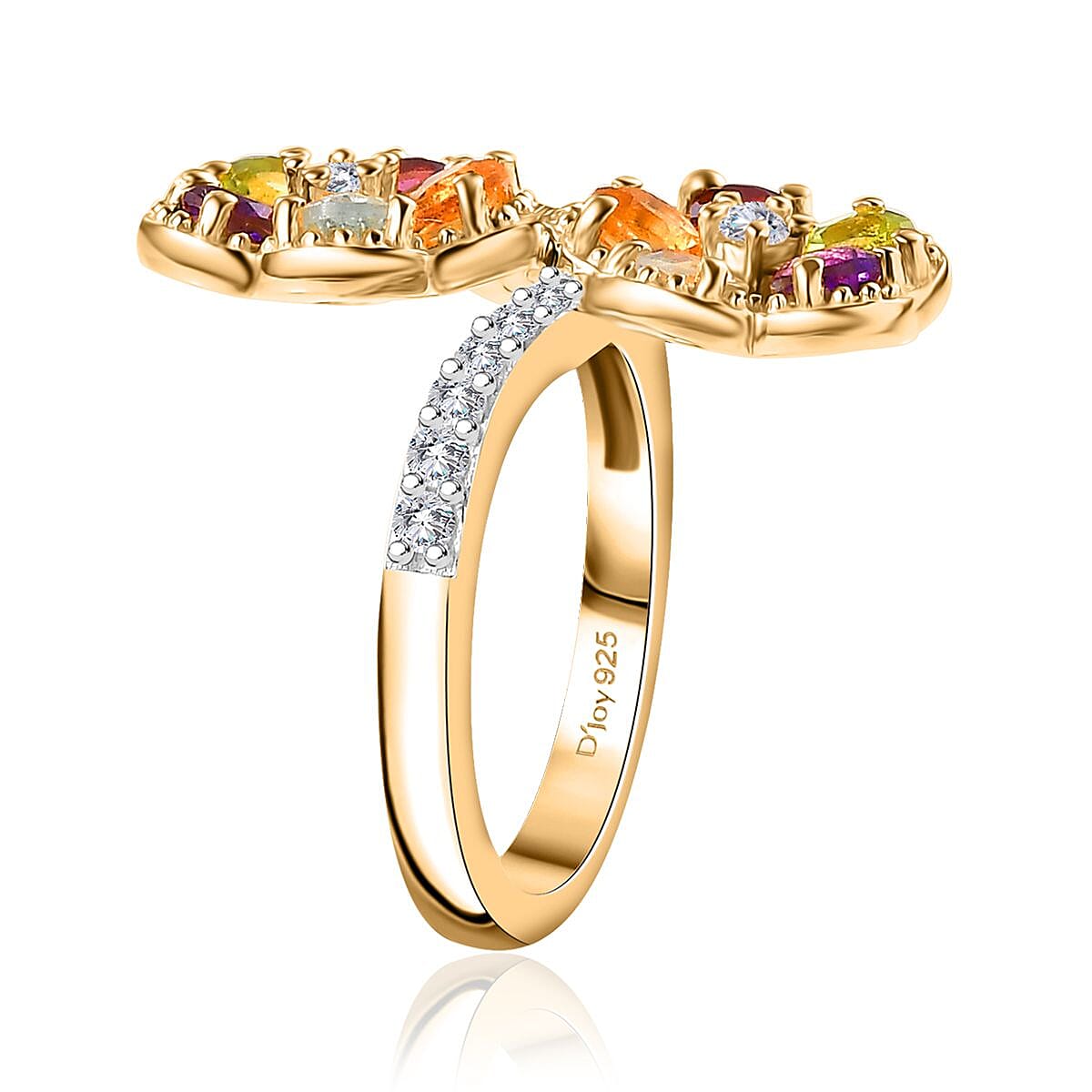 Multi Gemstone 2.00 ctw Bypass Flower Ring in 18K Vermeil Yellow Gold Over Sterling Silver (Size 9.0) image number 3