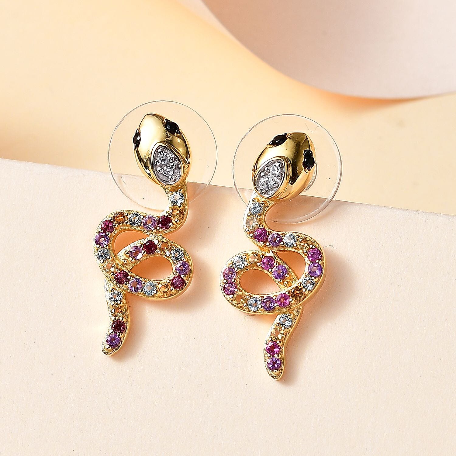 Multi Gemstone 1.10 ctw Snake Earrings in 18K Vermeil Yellow Gold Over Sterling Silver