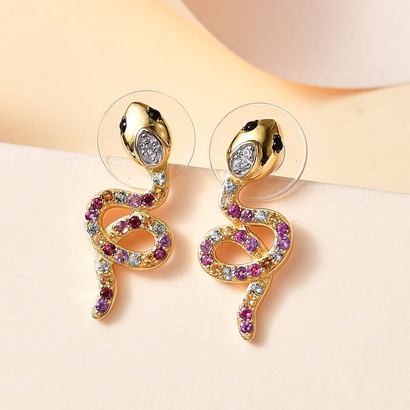 Multi Gemstone 1.10 ctw Snake Earrings in 18K Vermeil Yellow Gold Over Sterling Silver