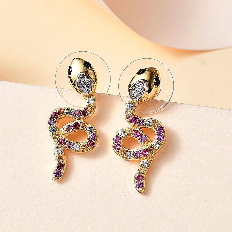 Multi Gemstone 1.10 ctw Snake Earrings in 18K Vermeil Yellow Gold Over Sterling Silver