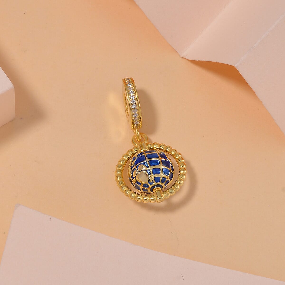 Simulated Diamond and Enameled The Global World Charm in 14K Yellow Gold Over Sterling Silver image number 1
