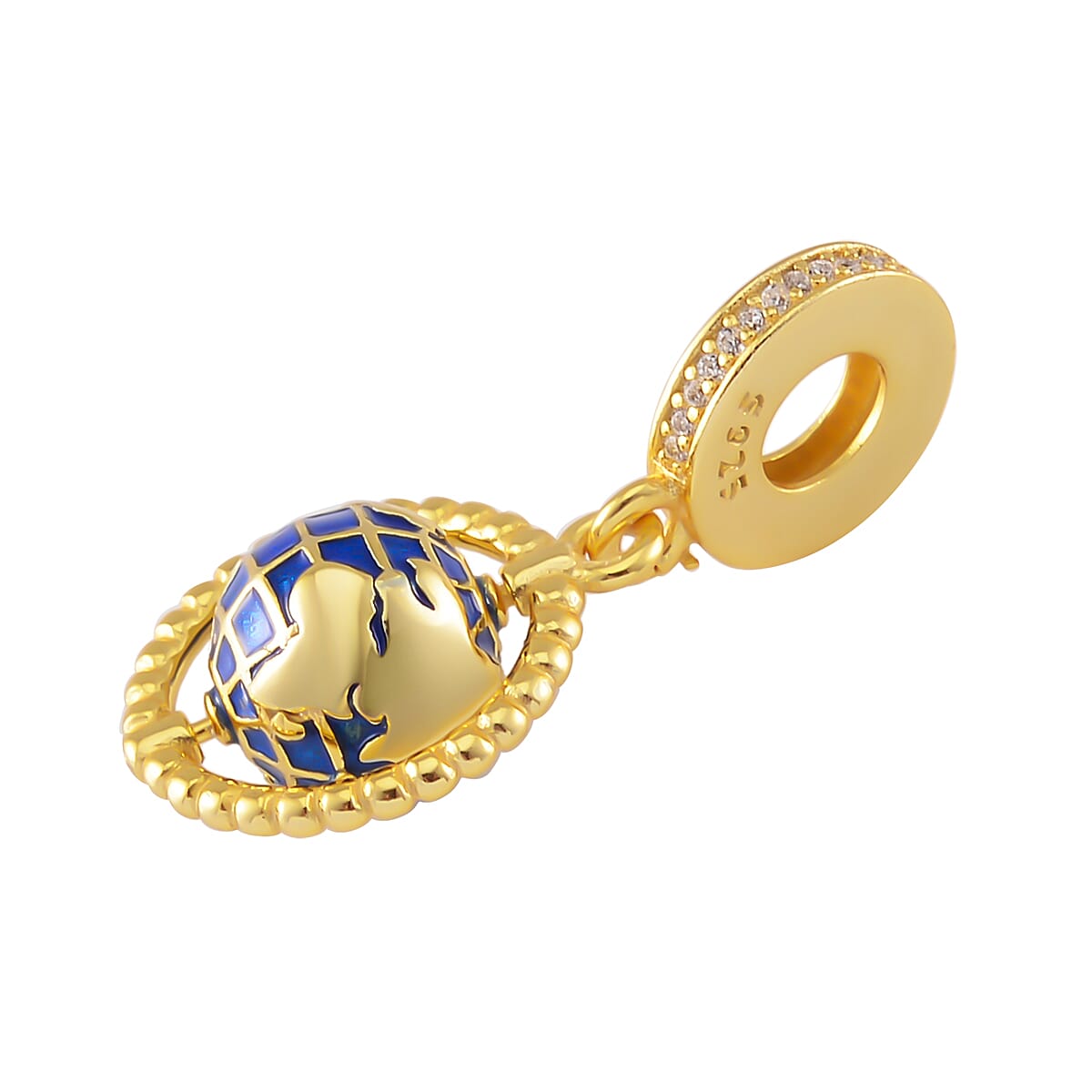 Simulated Diamond and Enameled The Global World Charm in 14K Yellow Gold Over Sterling Silver image number 2