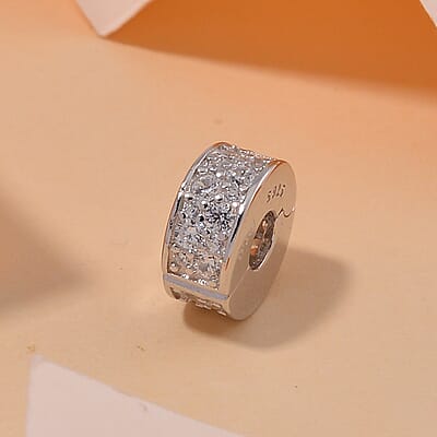 Simulated Diamond Old Oxide Charm in Rhodium Over Sterling Silver