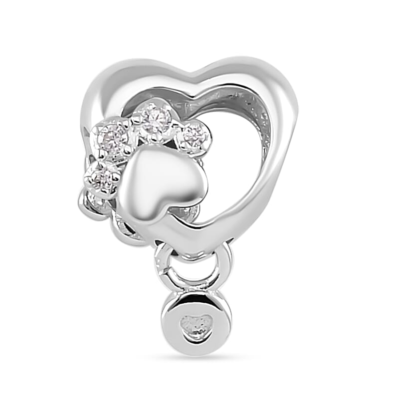 Simulated Diamond Paw Heart Charm in Rhodium Over Sterling Silver