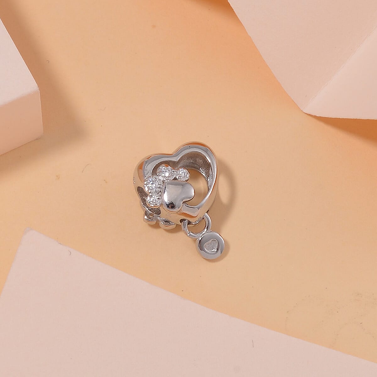 Simulated Diamond Paw Heart Charm in Rhodium Over Sterling Silver image number 1
