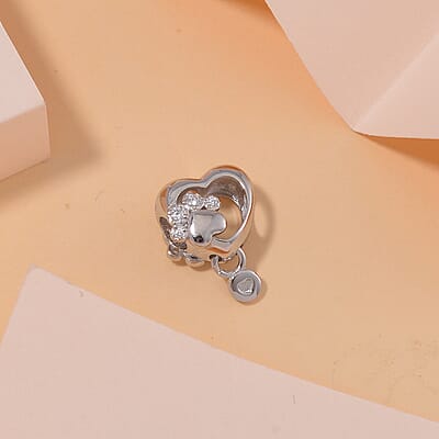 Simulated Diamond Paw Heart Charm in Rhodium Over Sterling Silver