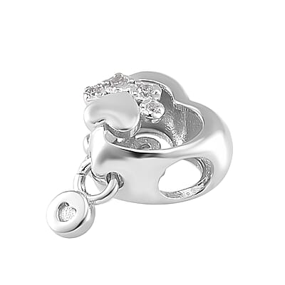 Simulated Diamond Paw Heart Charm in Rhodium Over Sterling Silver