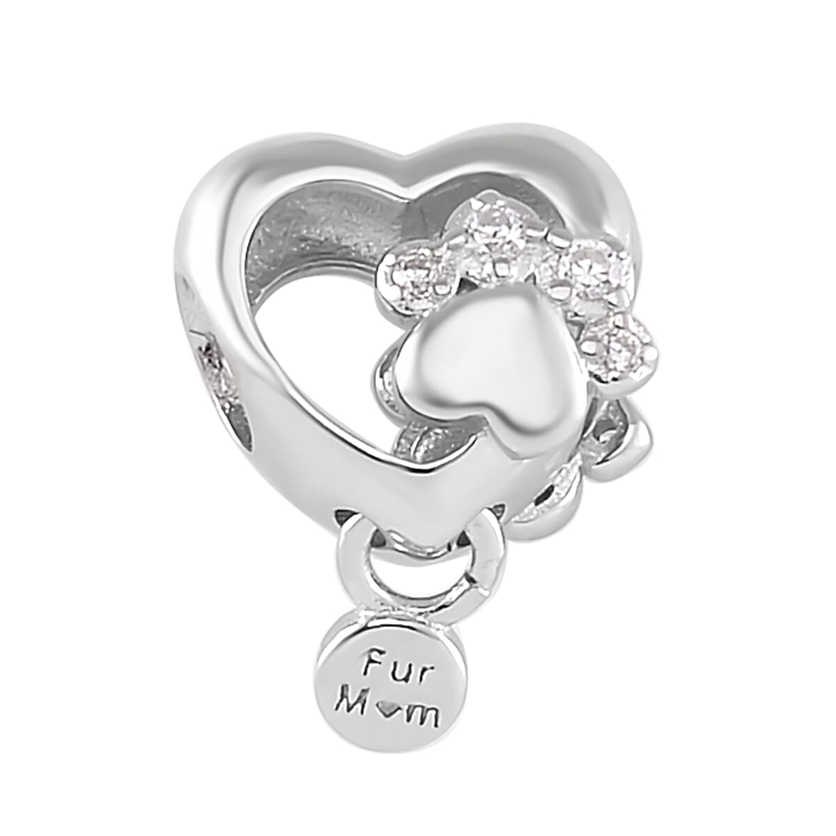 Simulated Diamond Paw Heart Charm in Rhodium Over Sterling Silver image number 3