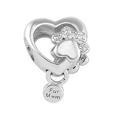 Simulated Diamond Paw Heart Charm in Rhodium Over Sterling Silver