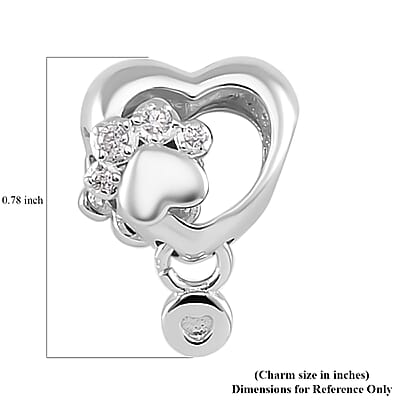 Simulated Diamond Paw Heart Charm in Rhodium Over Sterling Silver