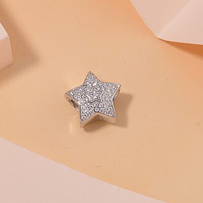 Simulated Diamond Studded with Stars Charm in Rhodium Over Sterling Silver