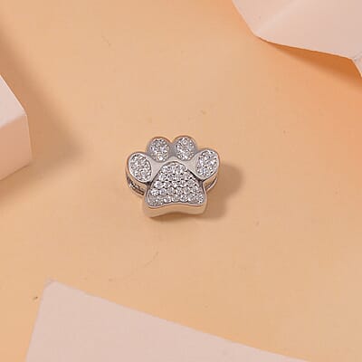 Simulated Diamond Paw Charm in Rhodium Over Sterling Silver