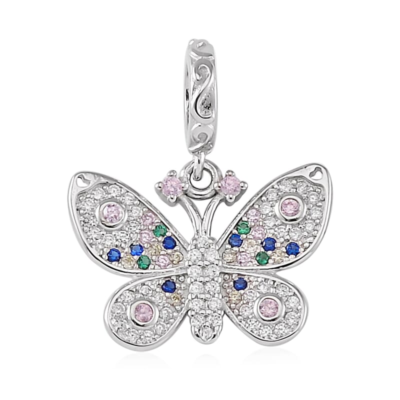 Simulated Multi Color Diamond Butterfly Charm in Rhodium Over Sterling Silver