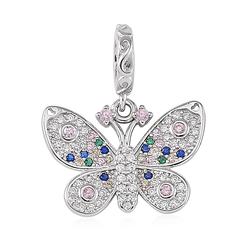 Simulated Multi Color Diamond Butterfly Charm in Rhodium Over Sterling Silver