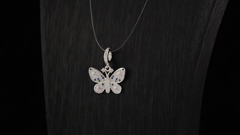 Simulated Multi Color Diamond Butterfly Charm in Rhodium Over Sterling Silver