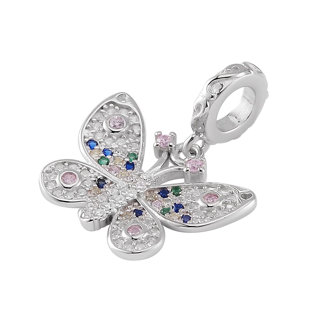 Simulated Multi Color Diamond Butterfly Charm in Rhodium Over Sterling Silver