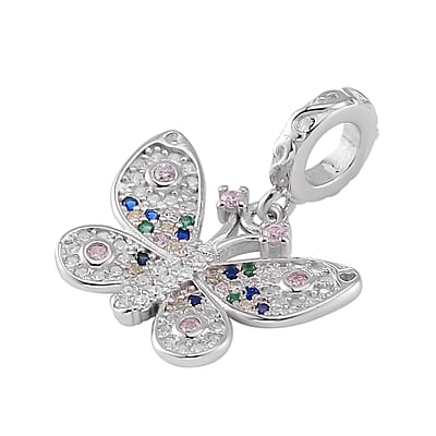 Simulated Multi Color Diamond Butterfly Charm in Rhodium Over Sterling Silver