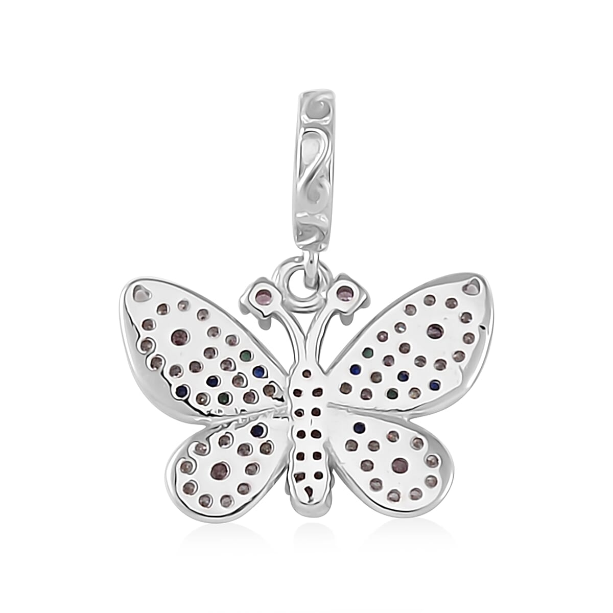 Simulated Multi Color Diamond Butterfly Charm in Rhodium Over Sterling Silver