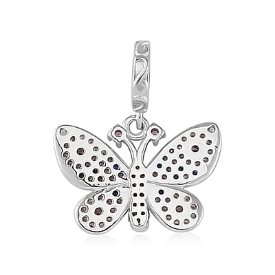Simulated Multi Color Diamond Butterfly Charm in Rhodium Over Sterling Silver