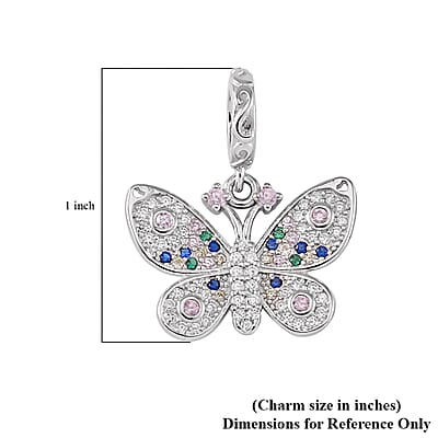 Simulated Multi Color Diamond Butterfly Charm in Rhodium Over Sterling Silver