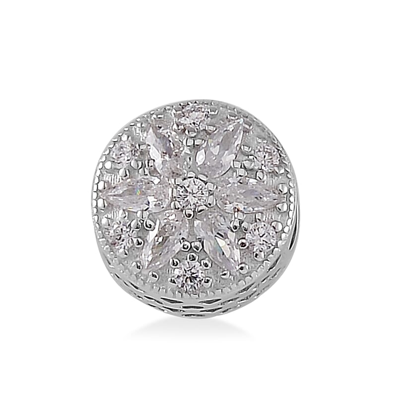 Simulated Diamond Flower Charm in Rhodium Over Sterling Silver