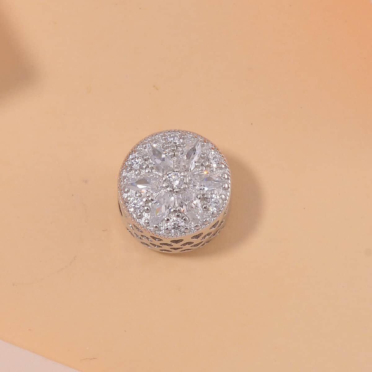 Simulated Diamond Flower Charm in Rhodium Over Sterling Silver image number 1