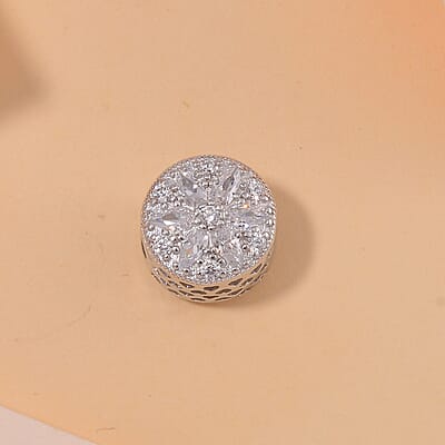 Simulated Diamond Flower Charm in Rhodium Over Sterling Silver