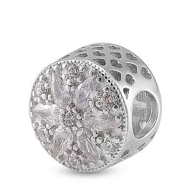 Simulated Diamond Flower Charm in Rhodium Over Sterling Silver