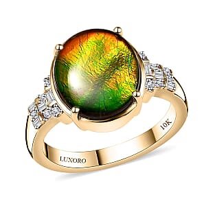 Luxoro 10K Yellow Gold Premium Canadian Ammolite and G-H I2 Diamond Ring (Size 5.0) 4 Grams 0.11 ctw