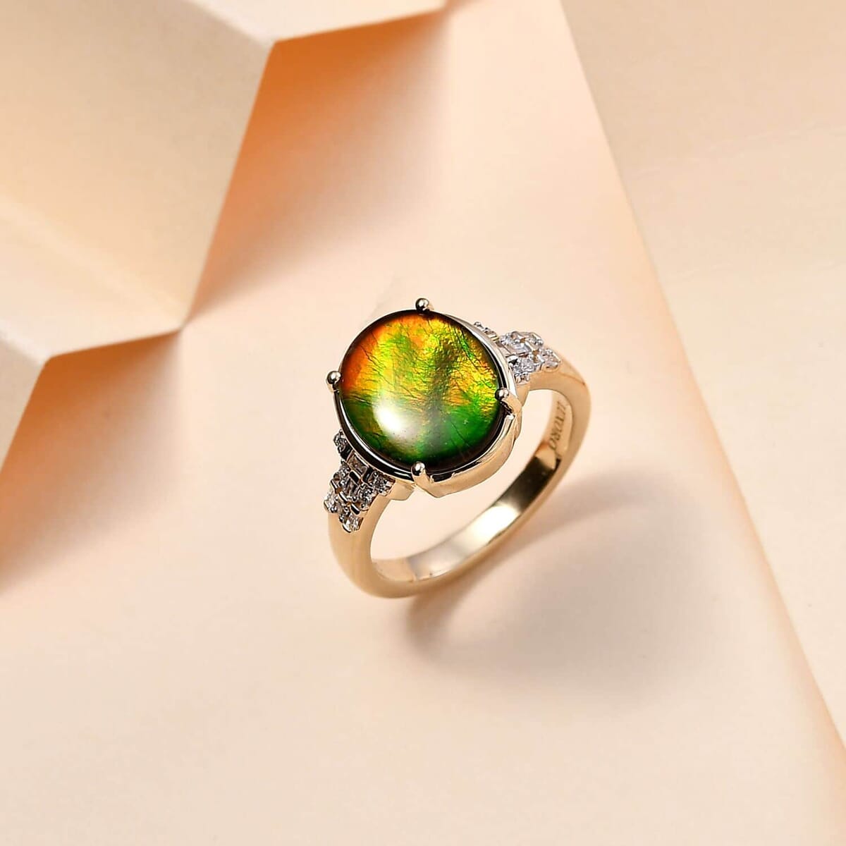 Luxoro 10K Yellow Gold Premium Canadian Ammolite and G-H I2 Diamond Ring (Size 5.0) 4 Grams 0.11 ctw image number 1