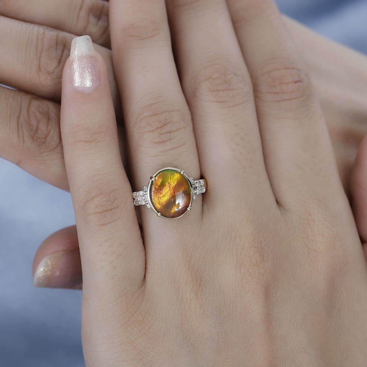 Luxoro 10K Yellow Gold Premium Canadian Ammolite and G-H I2 Diamond Ring (Size 5.0) 4 Grams 0.11 ctw image number 2