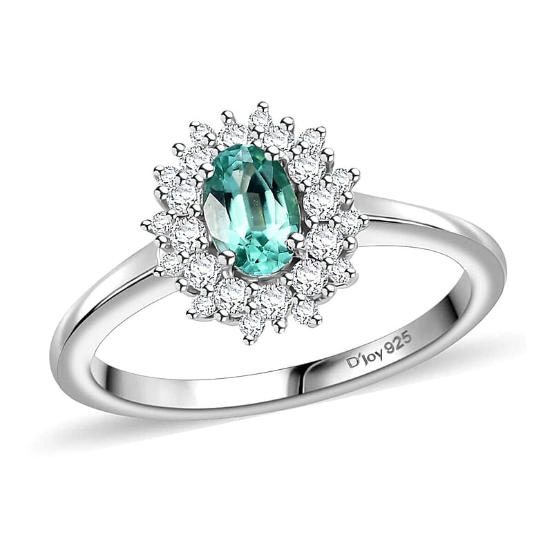 Premium Pirineu Lagoon Tourmaline, Moissanite Ring in Rhodium Over Sterling Silver (Size 10.0) 0.80 ctw